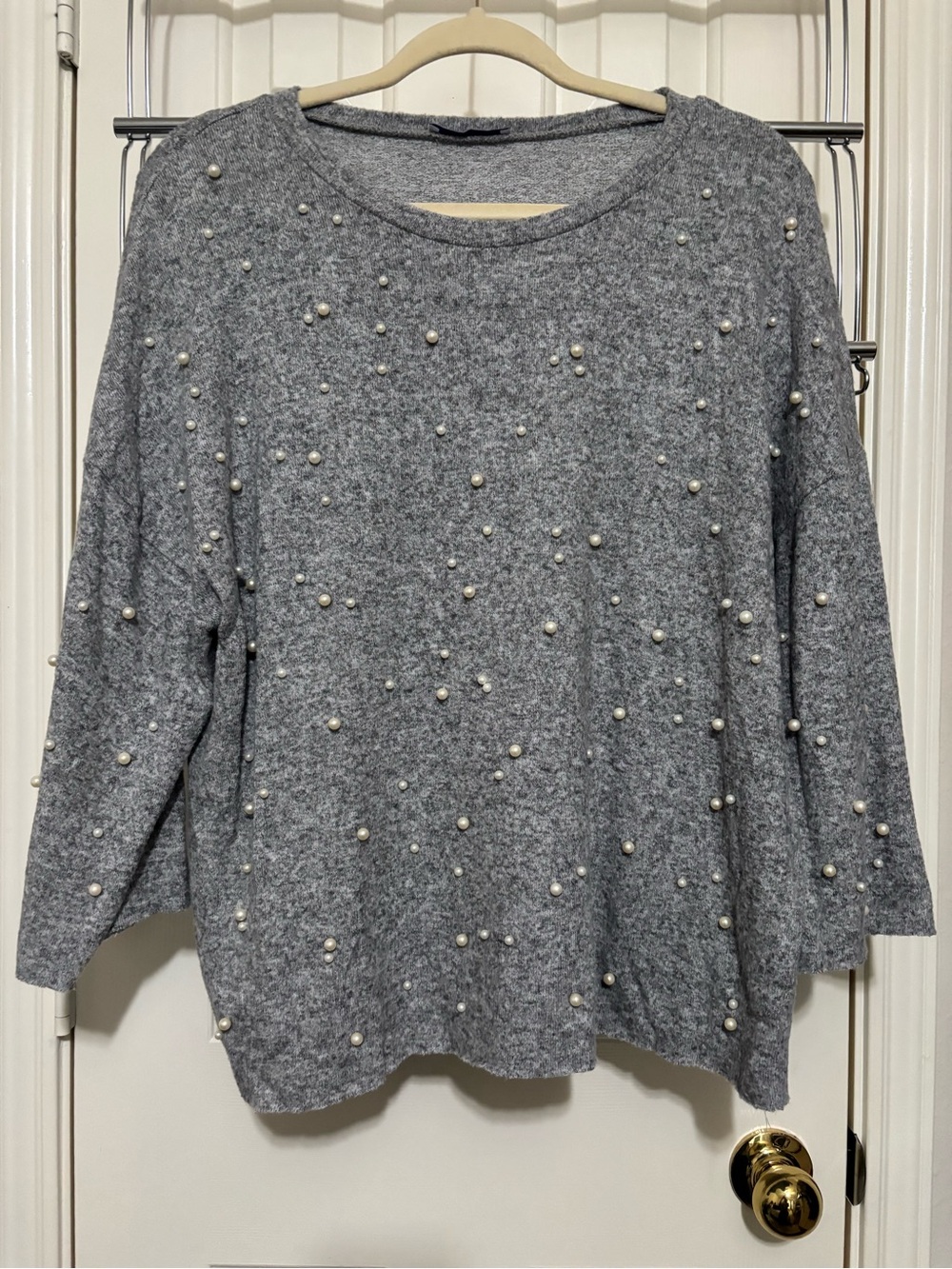 Zara Gray Pearl-Embellished Crewneck Sweater